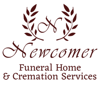 Logo for Newcomer Funeral Home & Cremation Services with maroon laurel wreath and script text