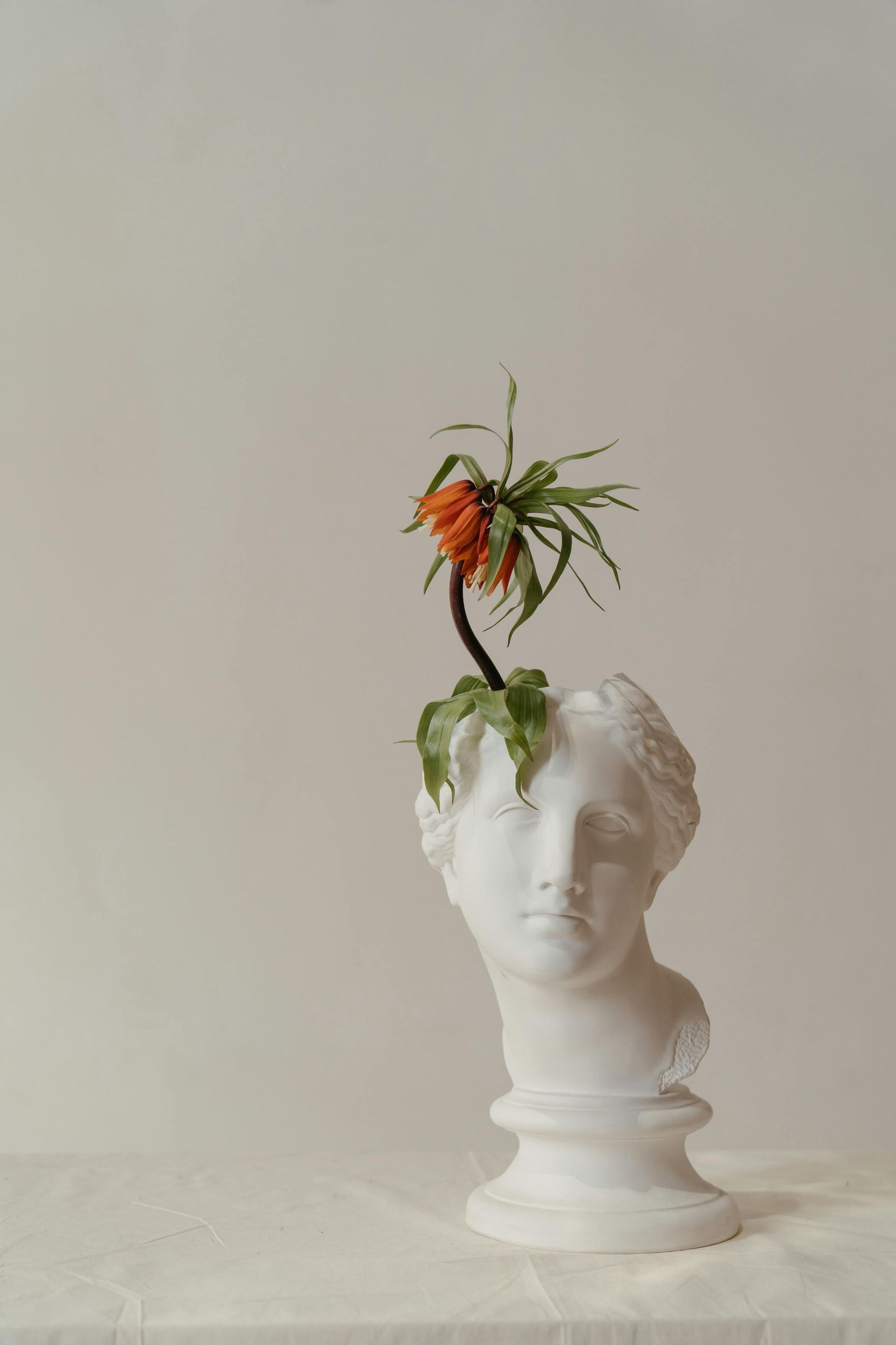 Eine Statue eines Frauenkopfes mit einer Blume darin.