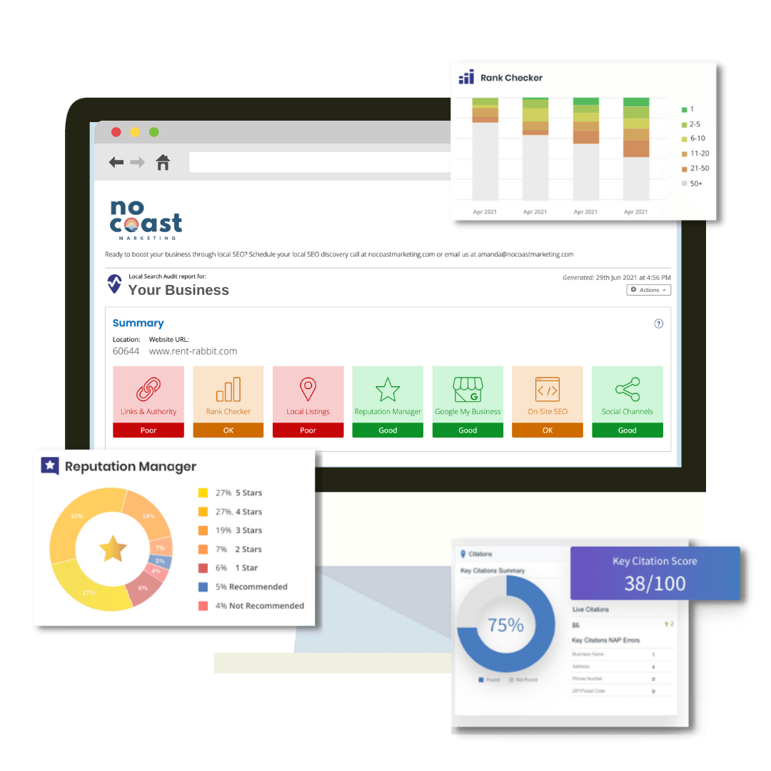 Graphic of desktop computer with local SEO scan results | No Coast Marketing | Local SEO | Small Business Marketing
