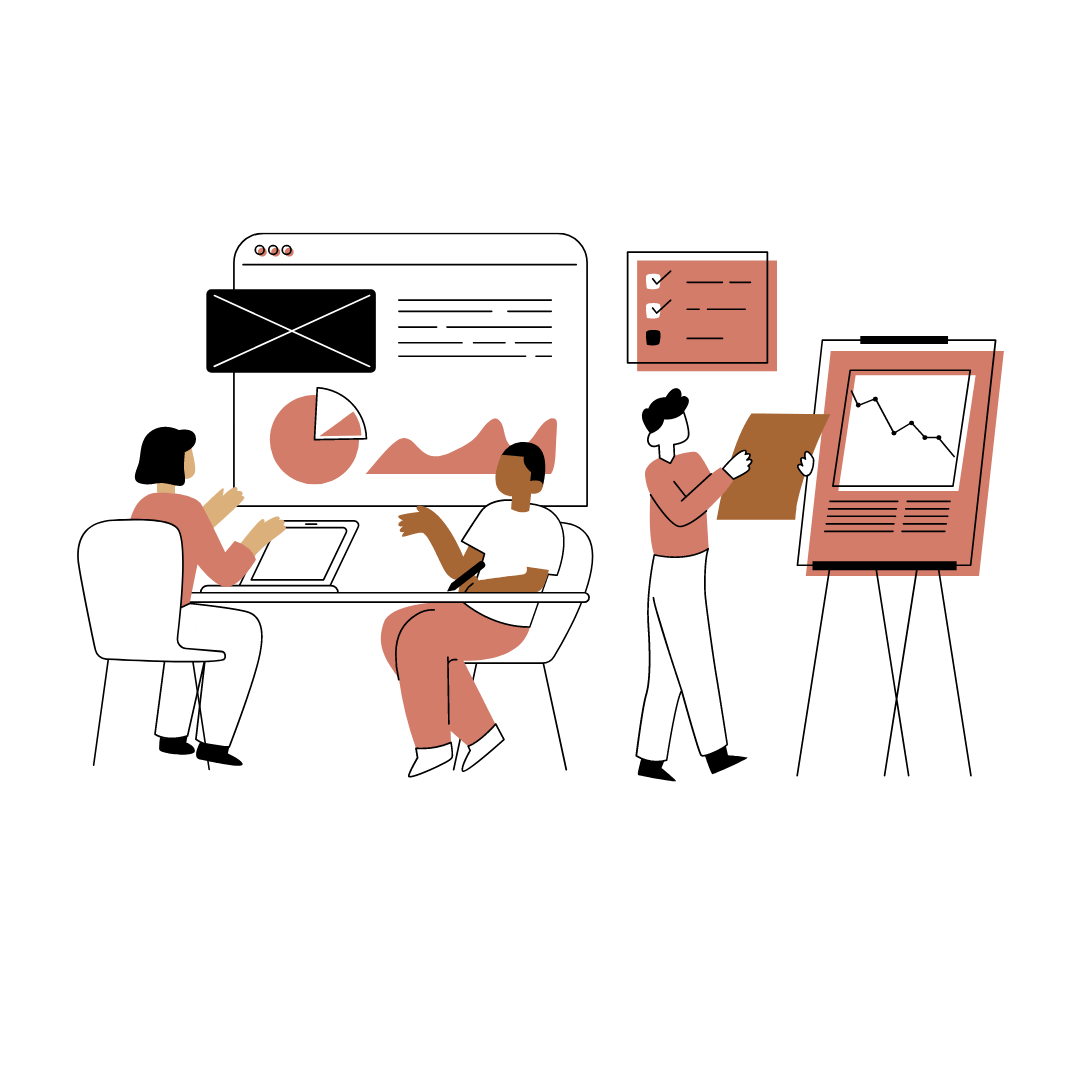 Graphic of No Coast Marketing staff meeting with client with website and charts in the background