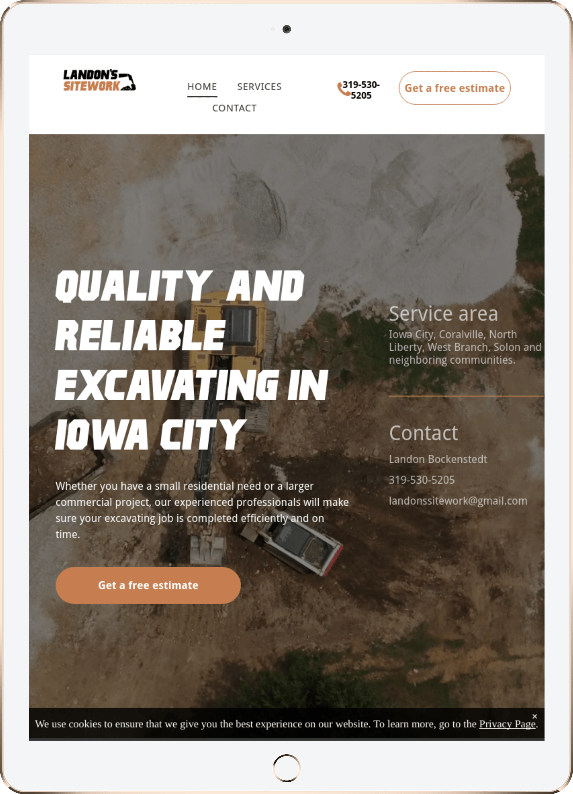 Tablet mockup for local excavating company | No Coast Marketing