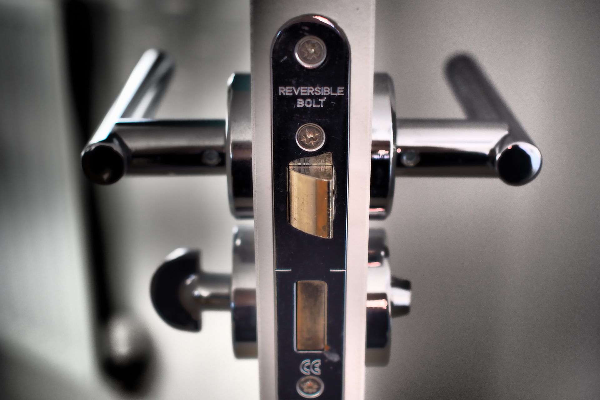 Close-up of a silver door handle and lock with a keyhole; blurred background.