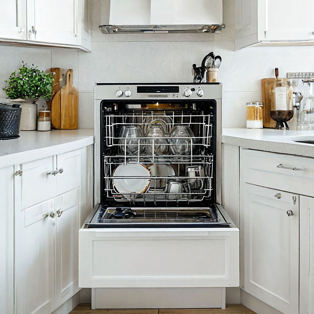 Open dishwasher in white kitchen, loaded with dishes. Stainless steel finish, bright.