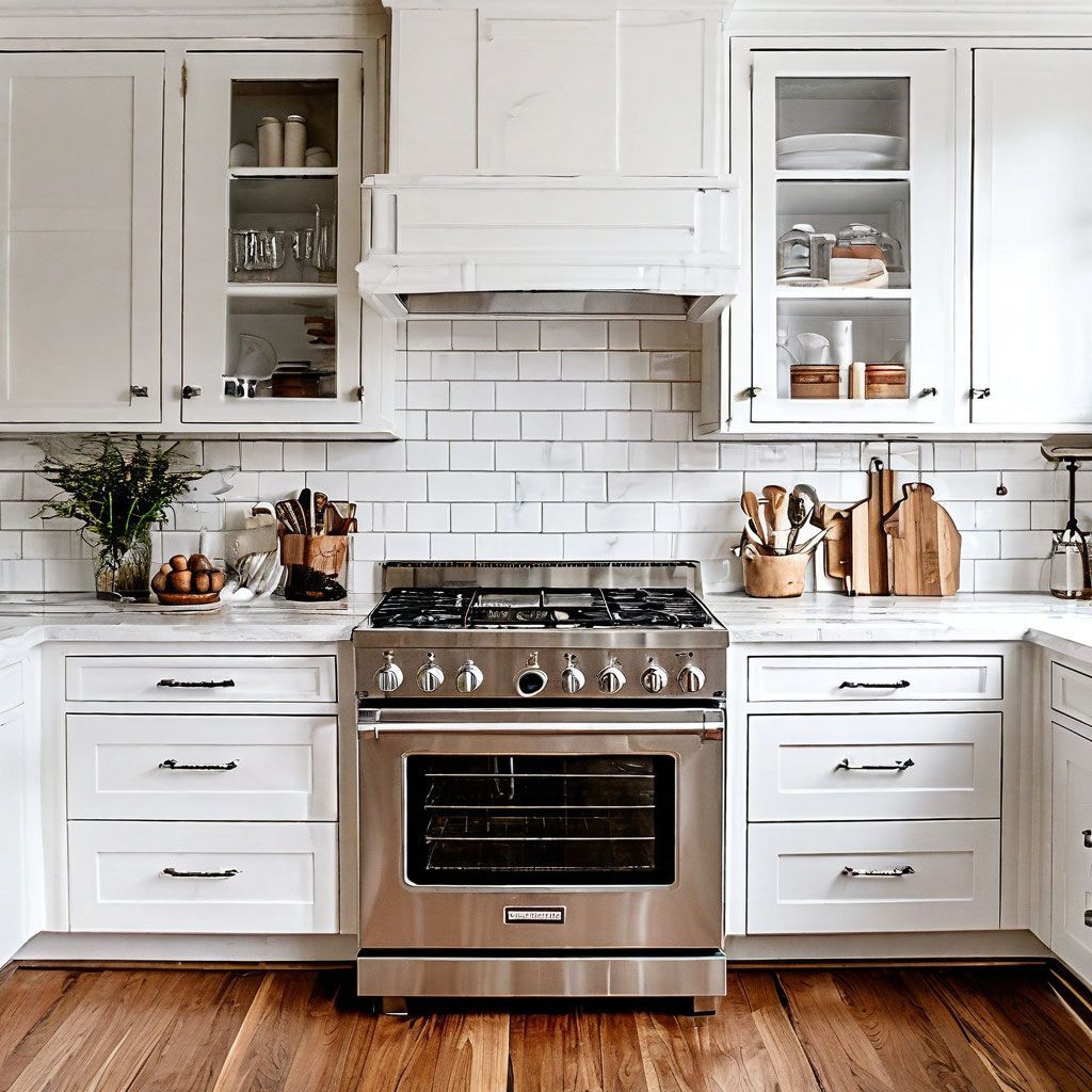 White kitchen with stainless steel range, white cabinets, and subway tile backsplash.