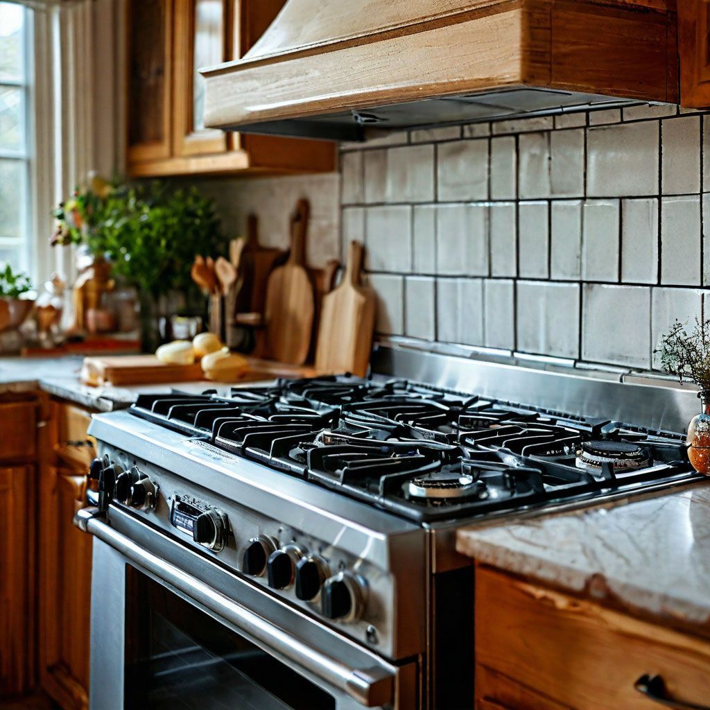 Stainless steel range in a kitchen with wood cabinets and tiled backsplash.