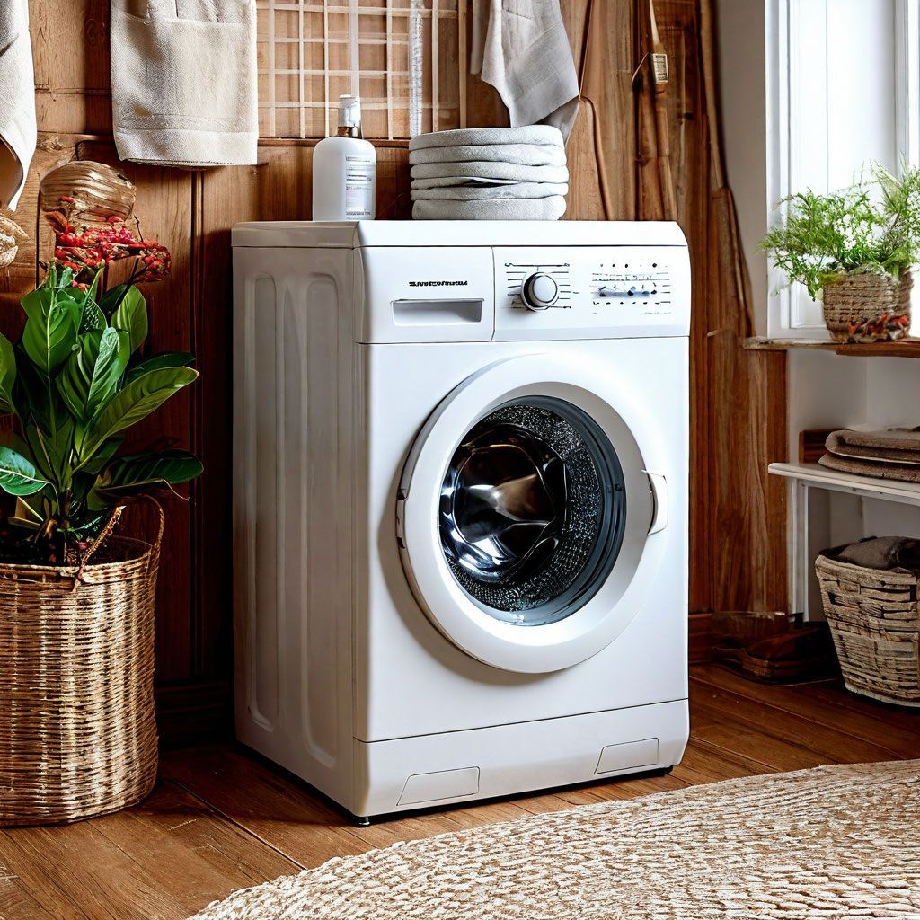 White washing machine in a rustic bathroom, with towels, plants, and a rug.