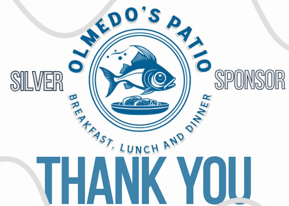 Blue and white Olmedo's Patio logo, thanking a silver sponsor. Features a fish and plate graphic.
