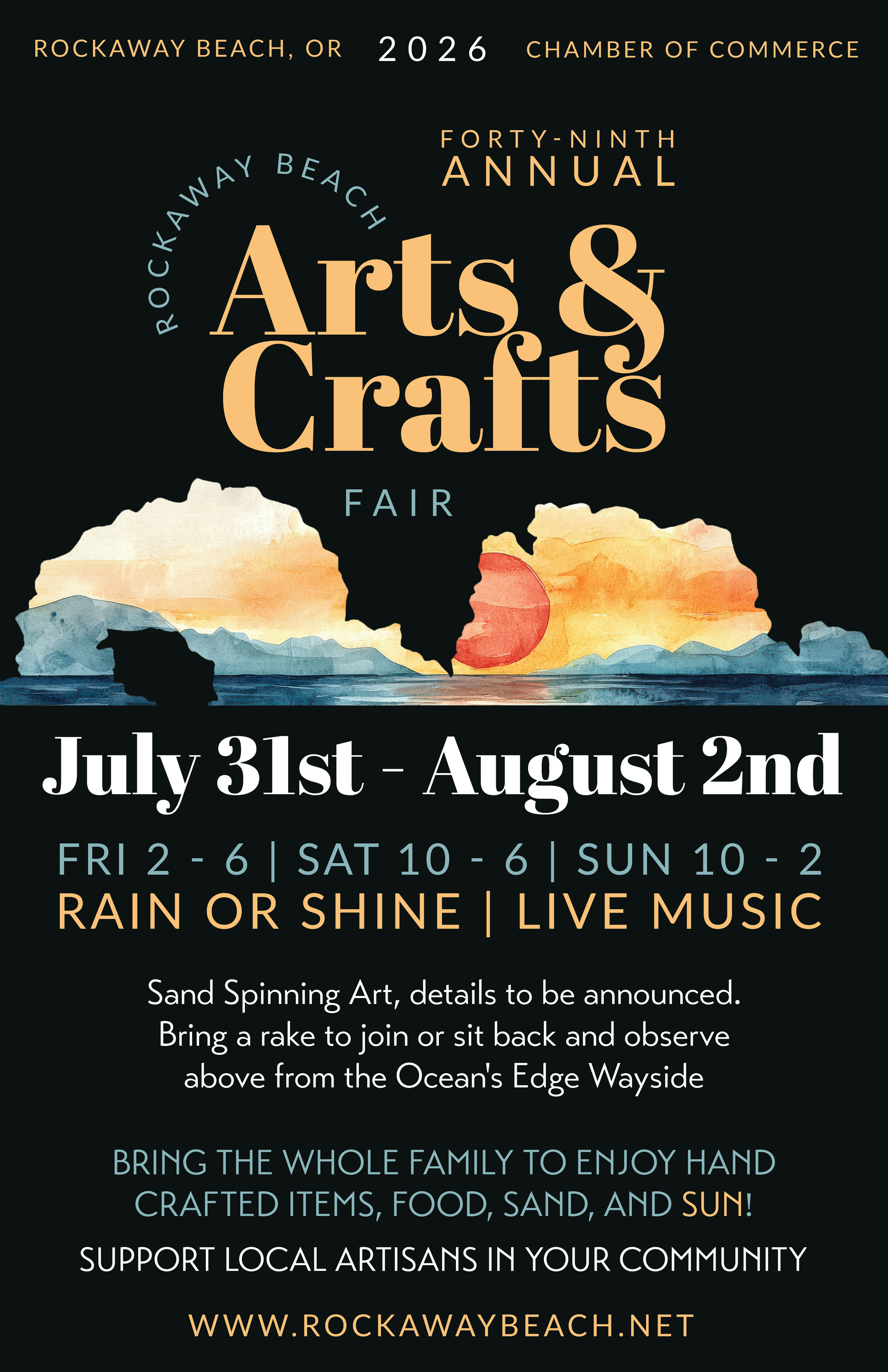 Rockaway Beach Arts & Crafts Fair poster, July 31-August 2, featuring a beach scene graphic and event details.