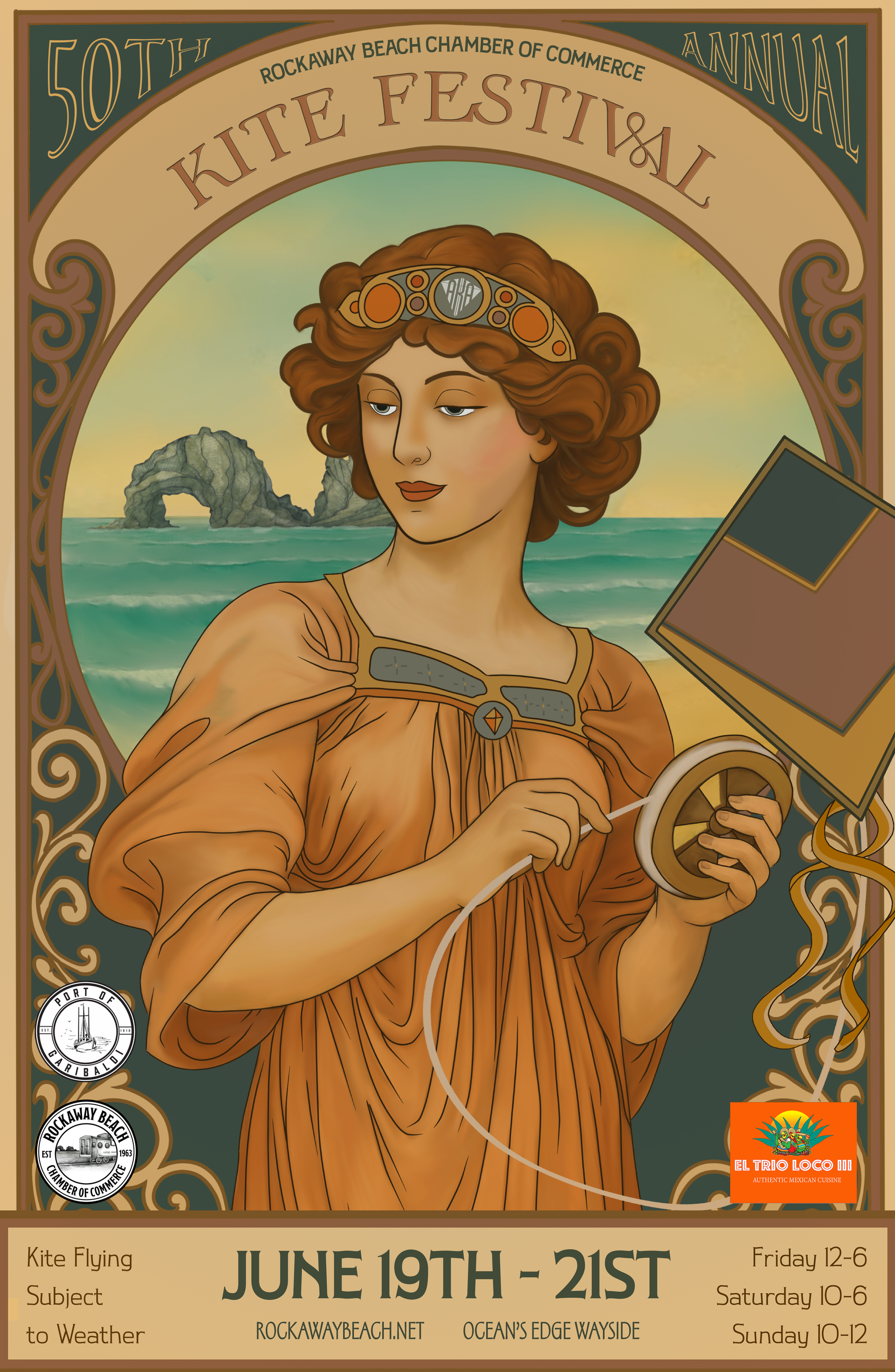 Art Nouveau poster: Woman with kite, beach background, promoting a kite festival June 19-21.