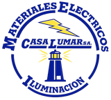 Logo de Casa Lumar S.A. con texto “Materiales Eléctricos” y “Iluminación”, en azul y amarillo.