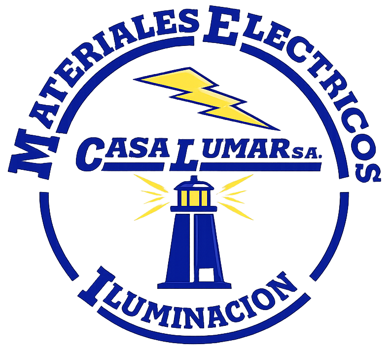 Logo de Casa Lumar S.A. con texto “Materiales Eléctricos” y “Iluminación”, en azul y amarillo.