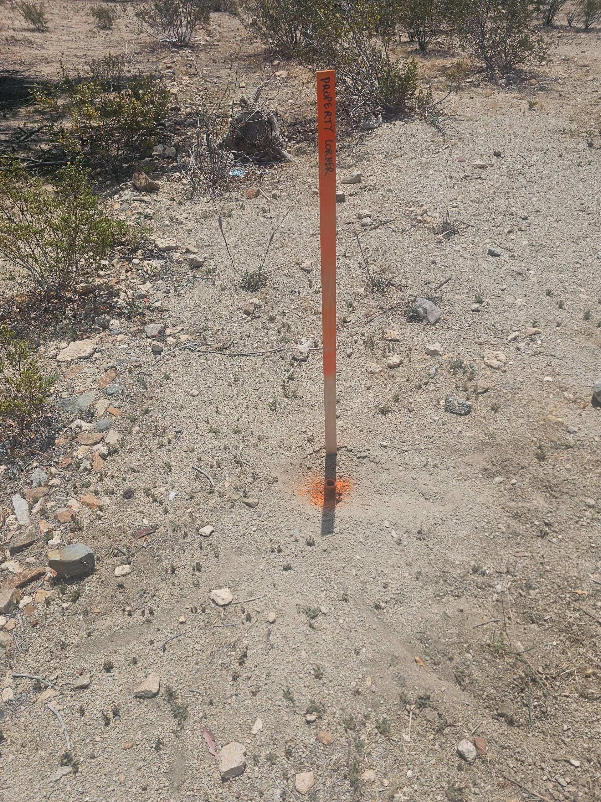 A red pole is sitting in the middle of a dirt field.