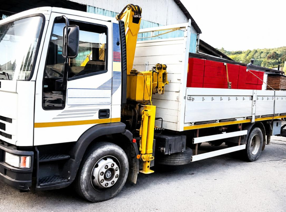 Camioncino bianco con pianale e gru gialla montata, parcheggiato nel piazzale di un magazzino