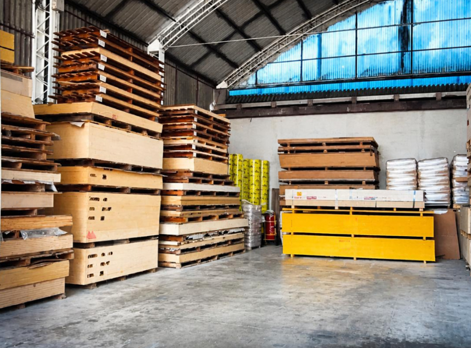 Magazzino con pallet di legno impilati, scatoloni e un banco da lavoro giallo sotto un alto tetto in metallo
