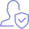 Person silhouette next to shield with check mark, purple.