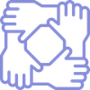 Four hands joined in a circle, representing teamwork and unity; purple outline.