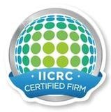 IICRC Certified Firm seal featuring a globe with green and blue circles, and a blue ribbon with white text.