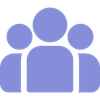 Three light purple silhouettes of people, one large in the center, two smaller on the sides, indicating a group.