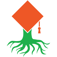 Green tree roots support an orange graduation cap with a tassel.