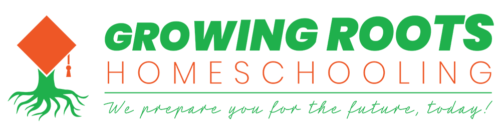 Logo of Growing Roots Homeschooling: Green text, graduation cap on a tree, orange and green colors.