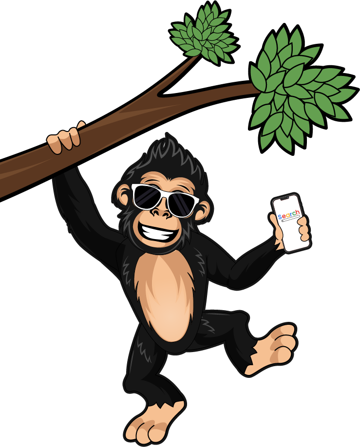 Cartoon monkey wearing sunglasses, holding a phone, hanging from a tree branch, smiling.