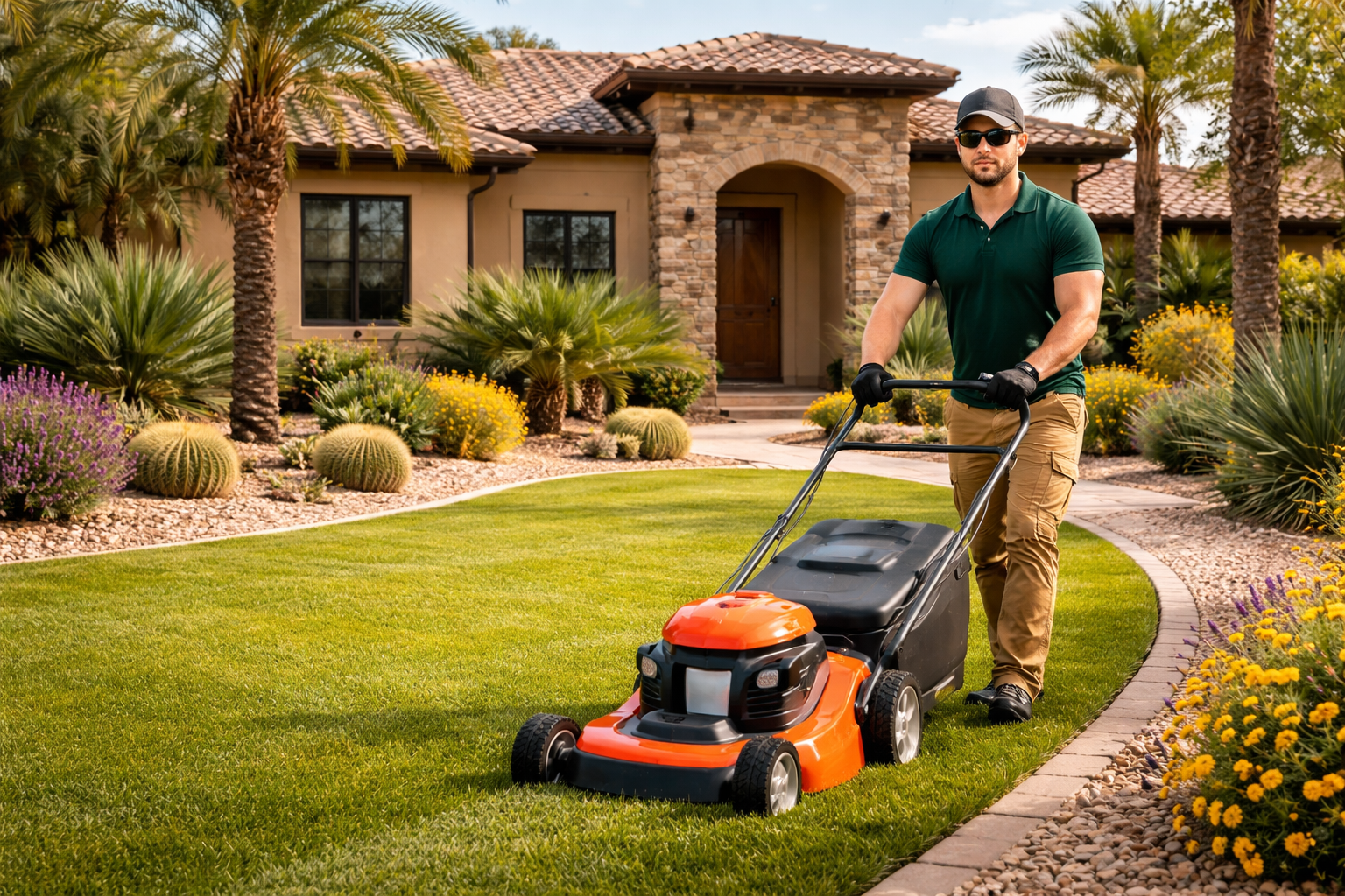 A person in a green polo and tan pants mows a lush green lawn in front of a tan suburban house with palm trees.