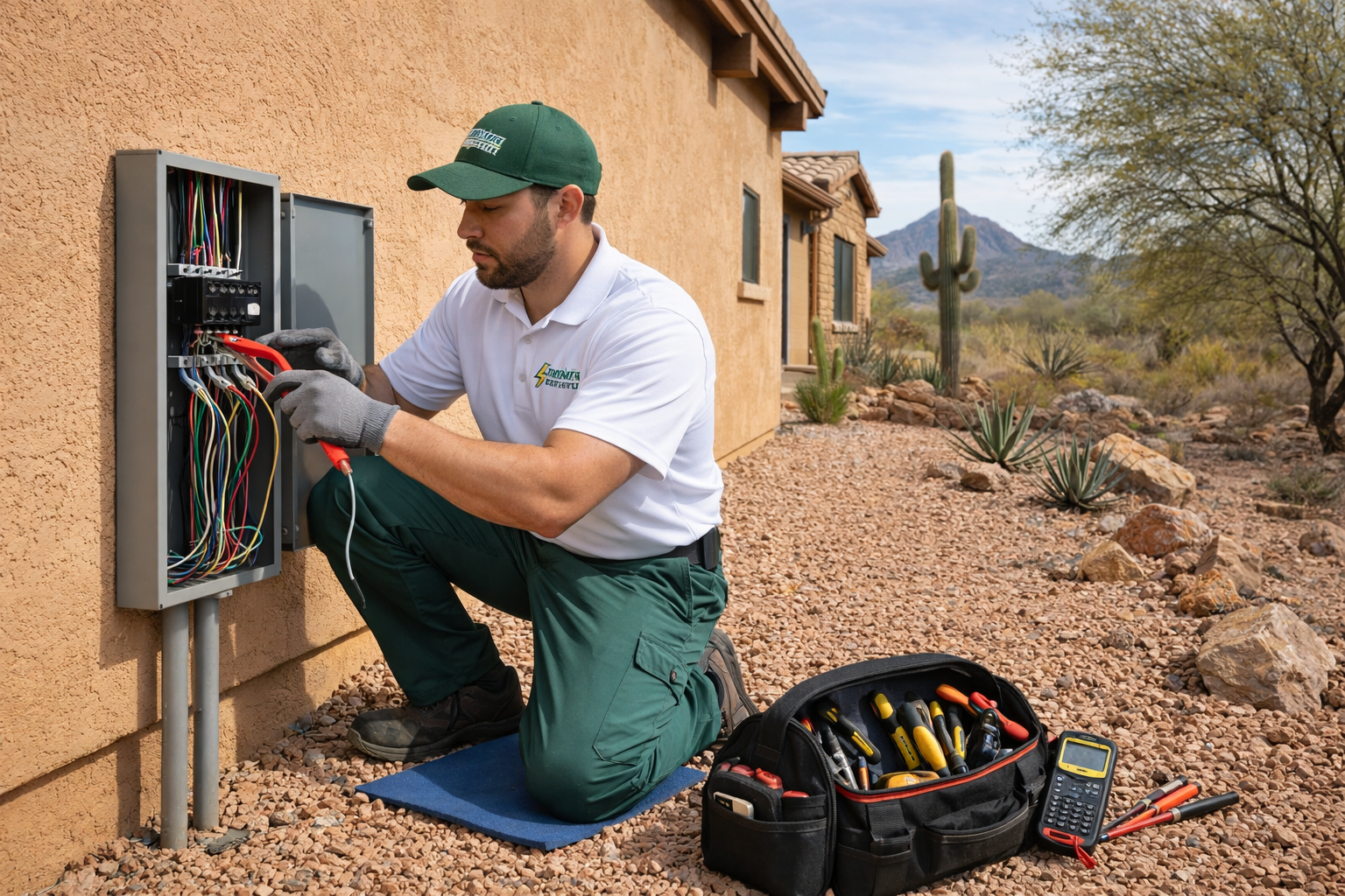 A technician in a green cap and uniform works on an open electrical box against a house in a desert landscape.