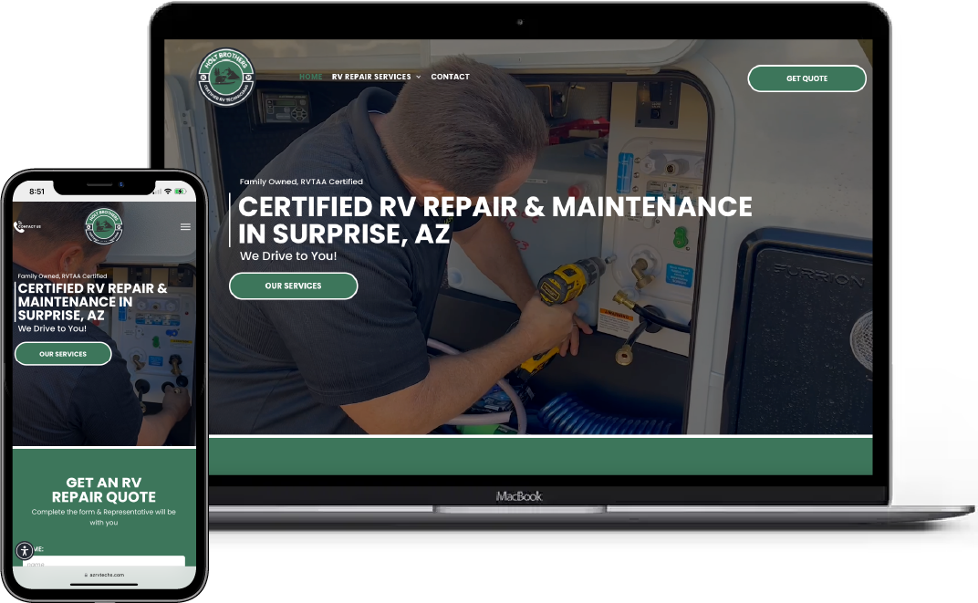 Website mockup on laptop and phone for RV repair service in Surprise, AZ, with mechanic and green accents