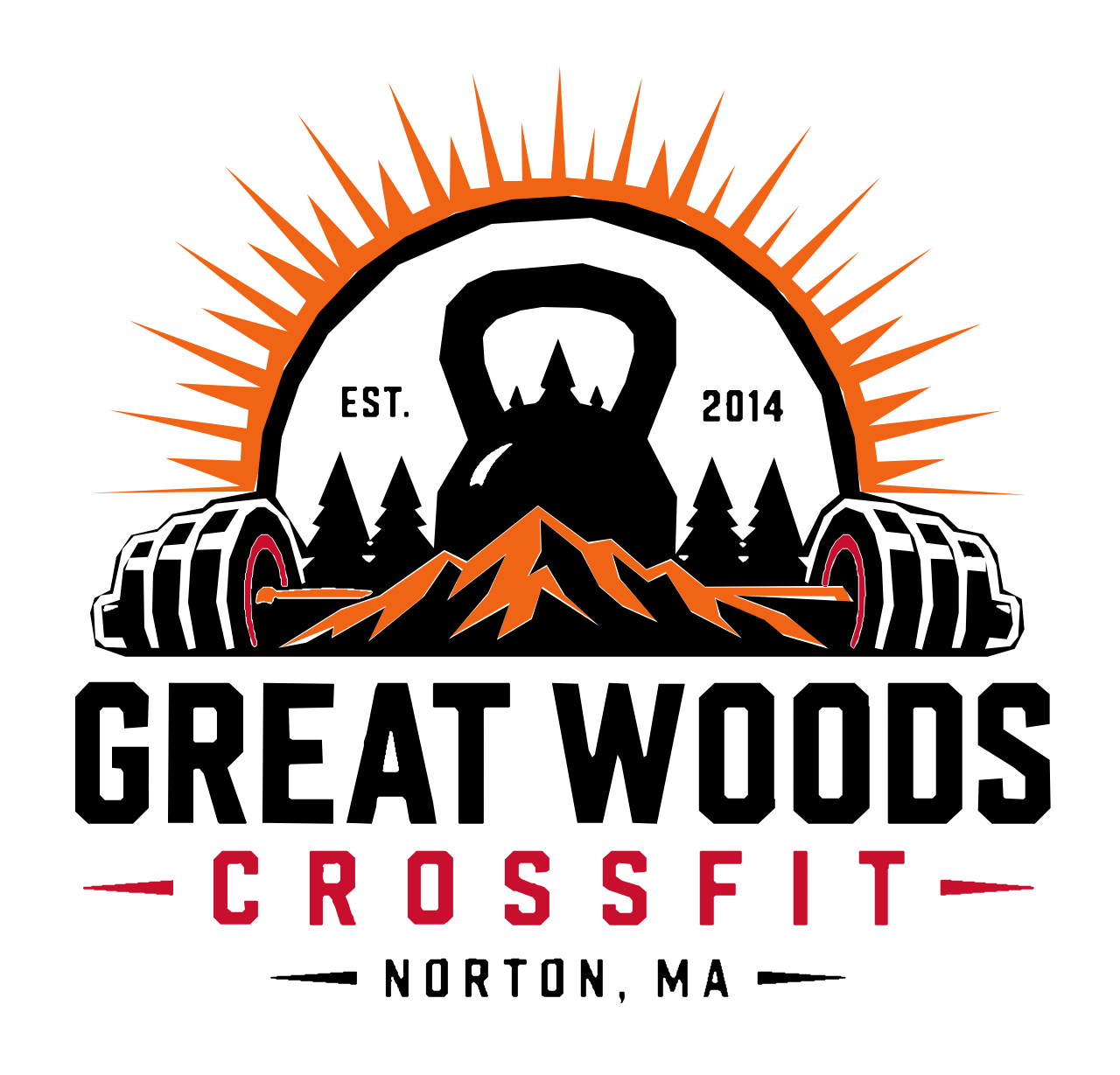 Great Woods CrossFit logo with kettlebell, barbells, orange sunburst, and Norton, MA text