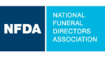 NFDA logo with white initials on dark blue and teal background reading National Funeral Directors Association