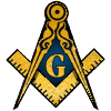 Gold and black Masonic square and compass emblem with a blue “G” on a white background