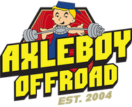 AxleBoy Offroad logo: Cartoon boy with barbell, yellow text on black background. Red wood background.