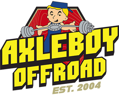 Axle Boy Offroad logo: Cartoon boy lifting barbell, black and yellow text.