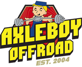 Logo for Axleboy Offroad. Cartoon boy lifting weights above text, in yellow and black with a red wood-grain background.