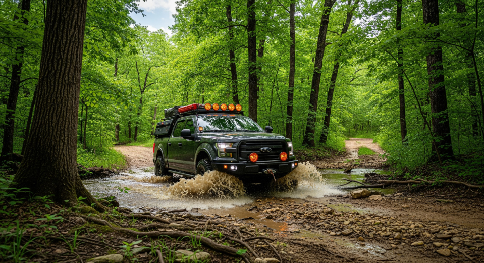 Ford F-150 with full overlanding rack and lighting setup in St. Louis