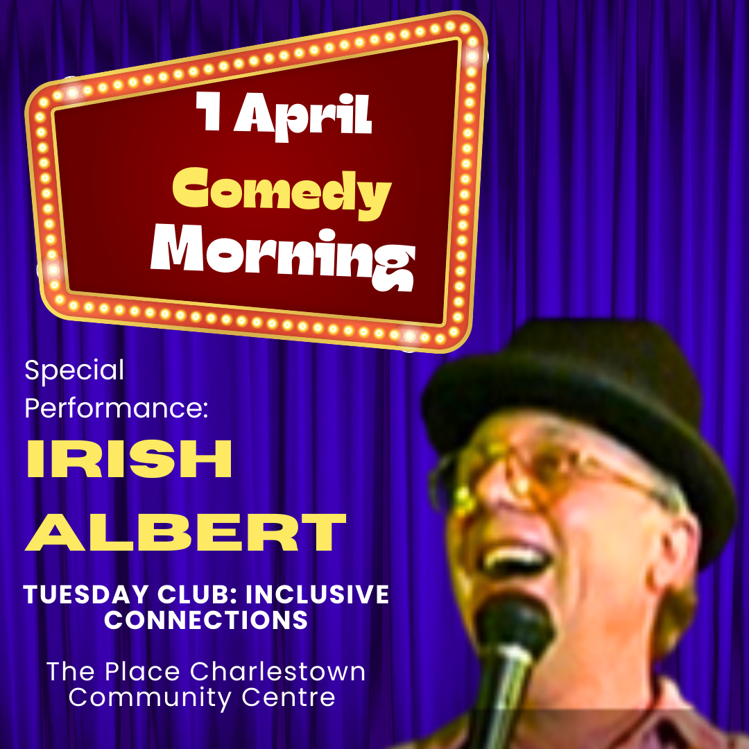 Comedy announcement - comedian with black hat, laughing