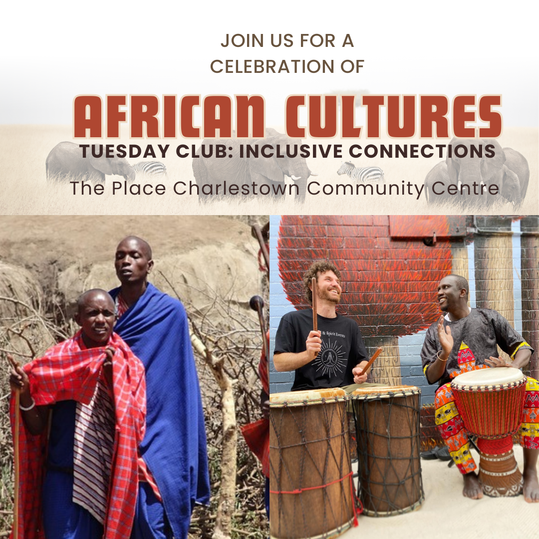 Nigerian tribesmen in traditional wear and another image with two men playing djembe drums