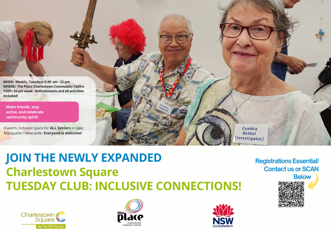 Charlestown Square Tuesday Club Senior man and lady wearing glasses smiling and looking like they're having fun. Promotion image for a senior's group.