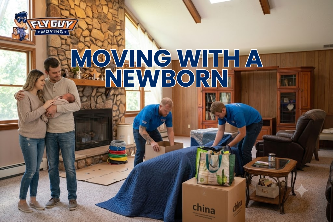 Moving boxes in a cozy living room with text “MOVING WITH A NEWBORN”