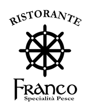 Logo for Ristorante Franco: black ship's wheel,