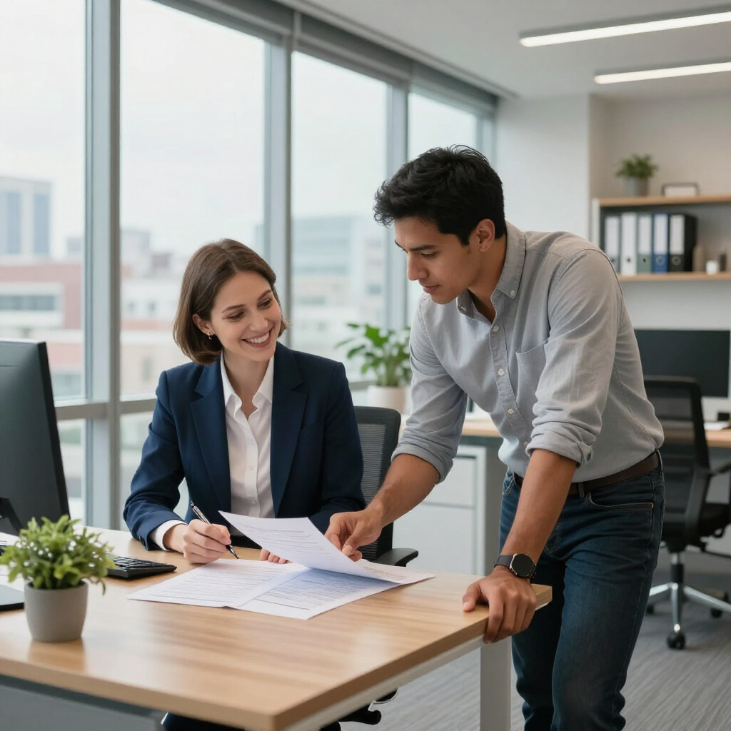 Twee collega's bespreken documenten aan een bureau in een licht, modern kantoor.