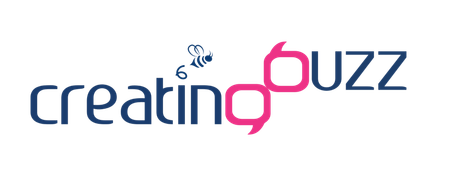 “creating buzz” logo with blue and pink stylized text and small speech-bubble icon