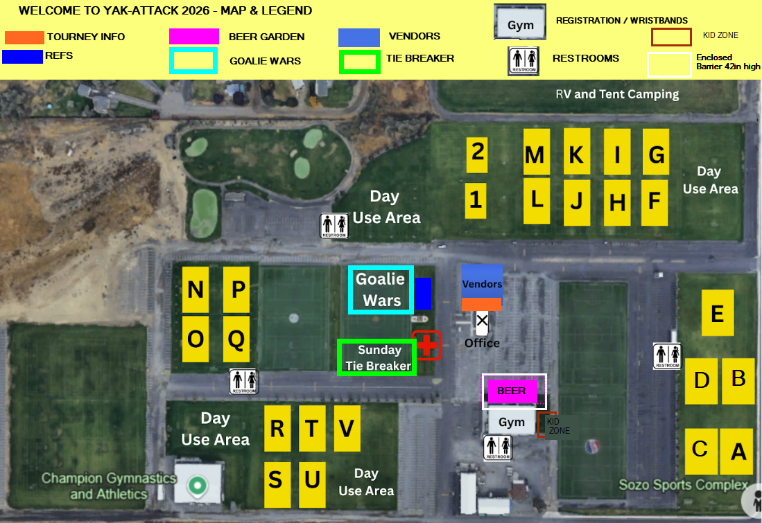 Map of a sports camp featuring labeled yellow camping zones, day-use areas, and facility icons on a paved campus.