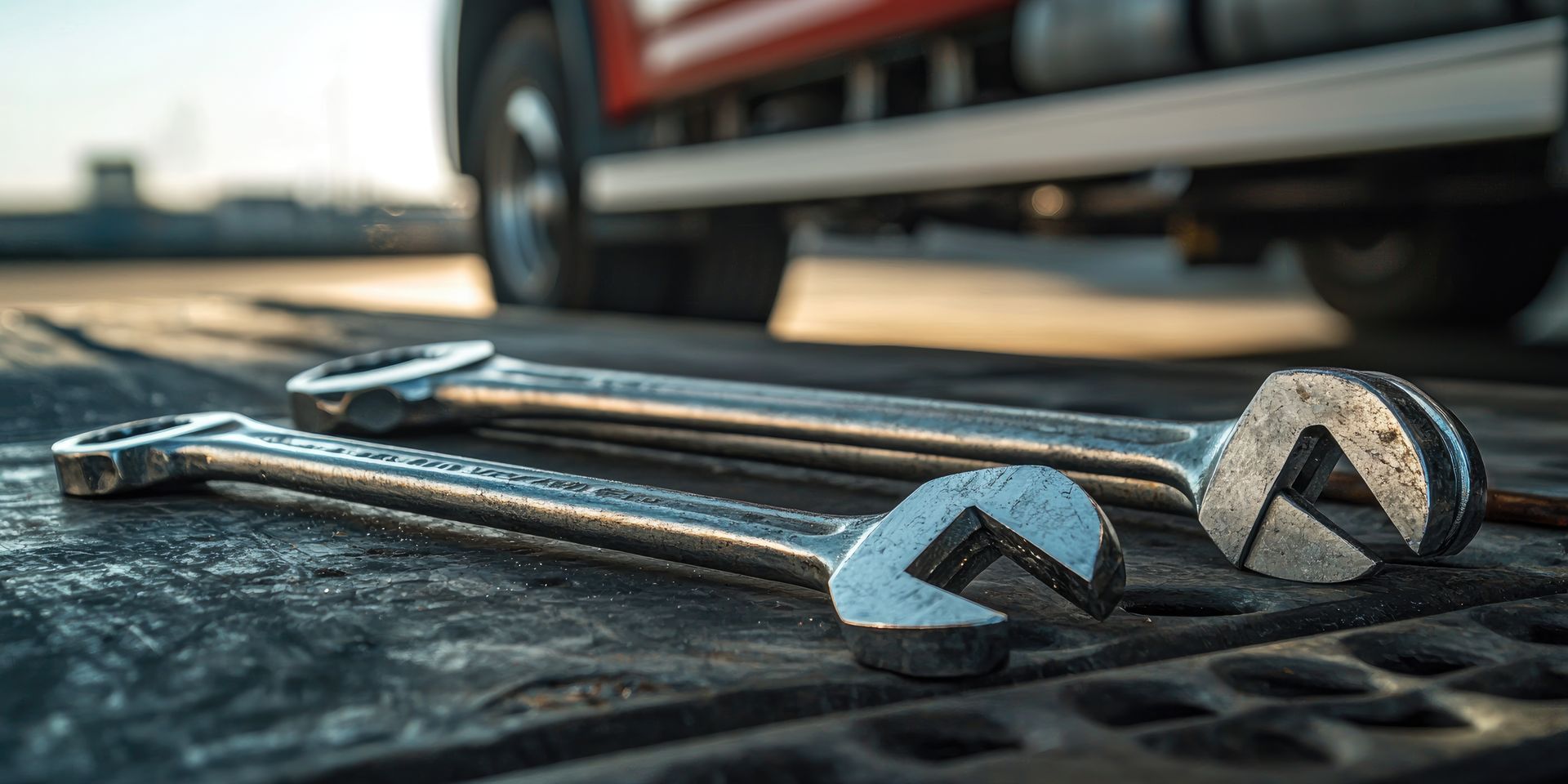 Professional wrenches on a service deck for truck repair and maintenance and diagnostics. Professional wrenches on a service deck for truck repair and maintenance and diagnostics.