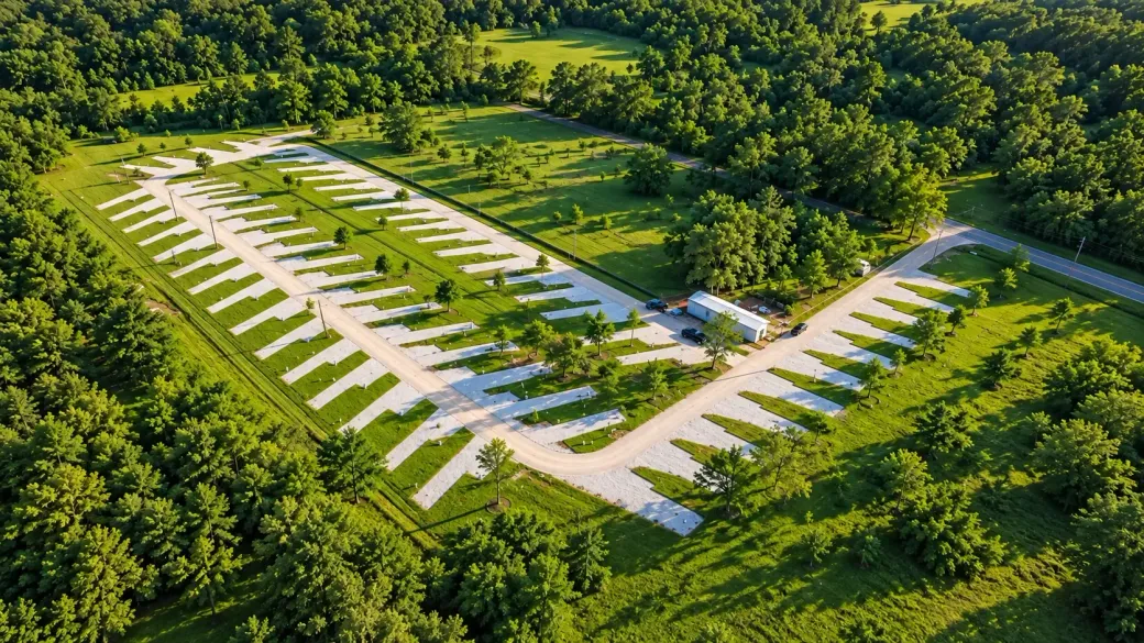 Aerial view of a Y-shaped campsite with rows of white tents surrounded by dense green forest.