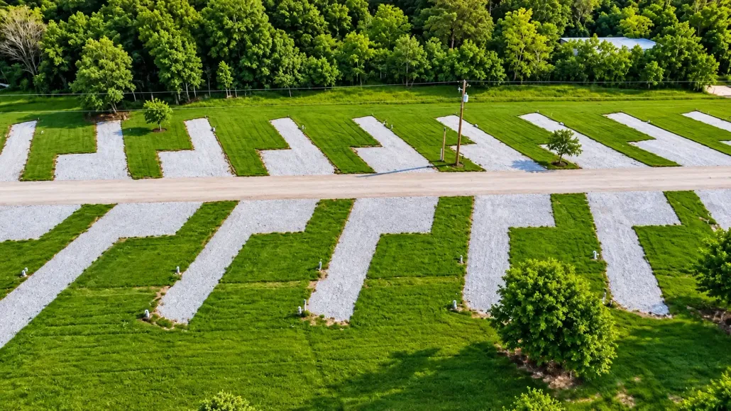 Rows of white gravestones in a green cemetery with trees in the background