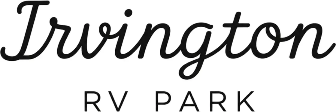 Irvington RV Park logo in black script and block lettering on a white background