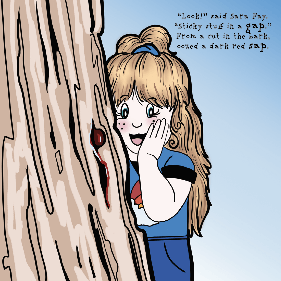 A cartoon of a girl peeking out of a hole in a tree
