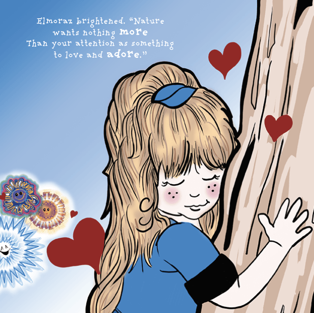 A cartoon of a girl hugging a tree with a quote about nature