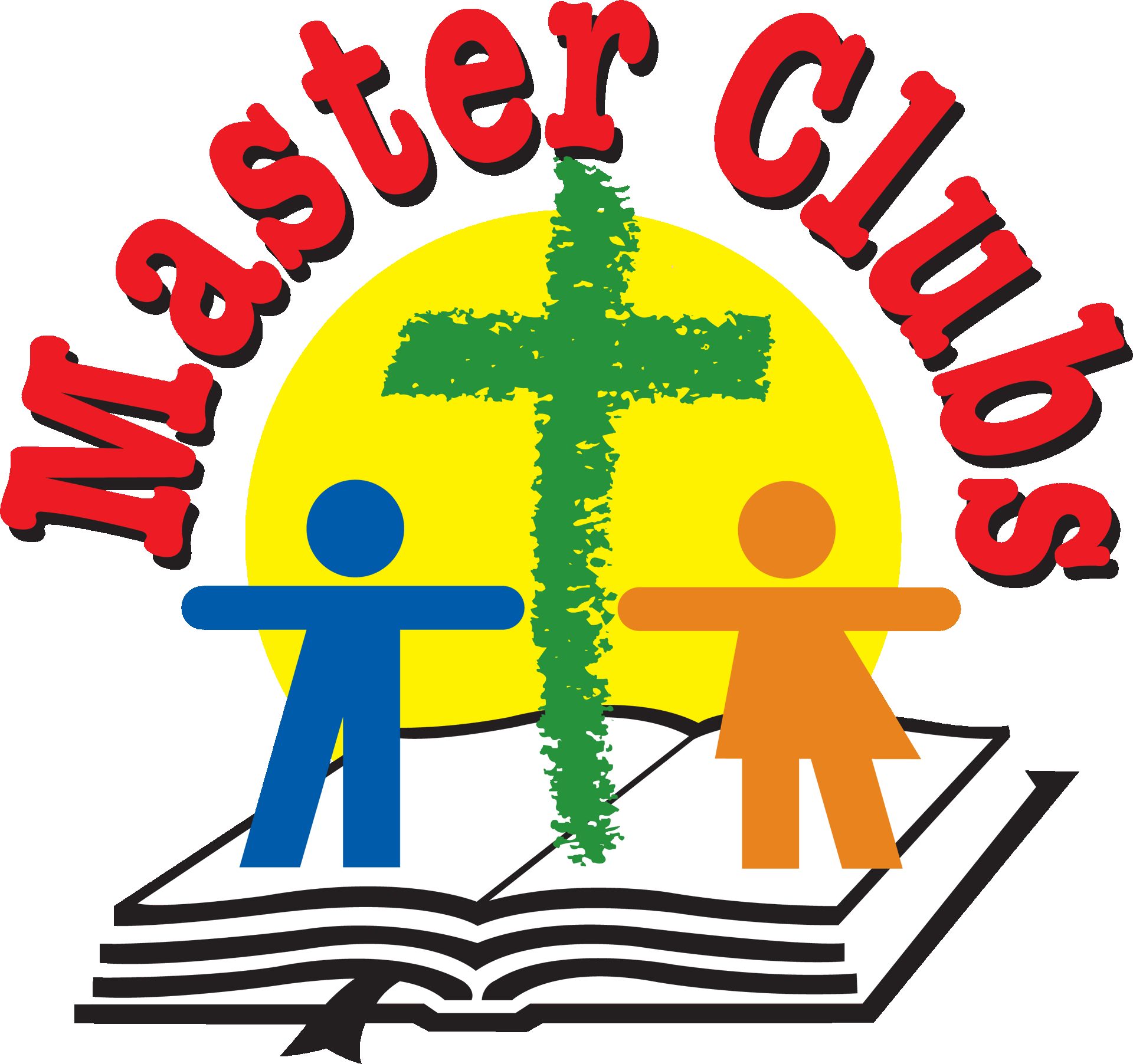 Master Clubs logo: boy and girl, cross, and sun over an open book.